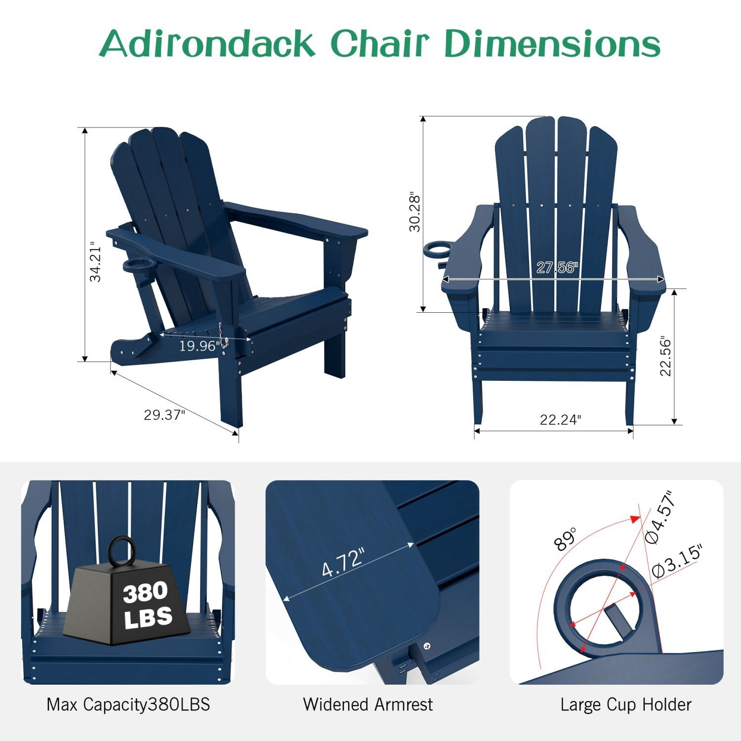 Folding Adirondack Chair, HDPE Outdoor Chair with Cup Holder, Weather Resistant Patio Chair with Wood Grain Finish for Lawn, Deck, Fire Pit, Dark Blue