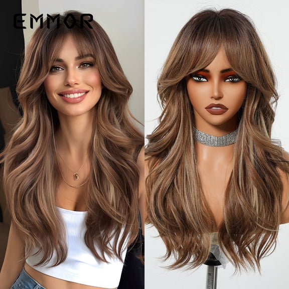 Highlight Brown European and American Style Full Wig with Bangs Long Curly Hair Natural Fashion Full Wig