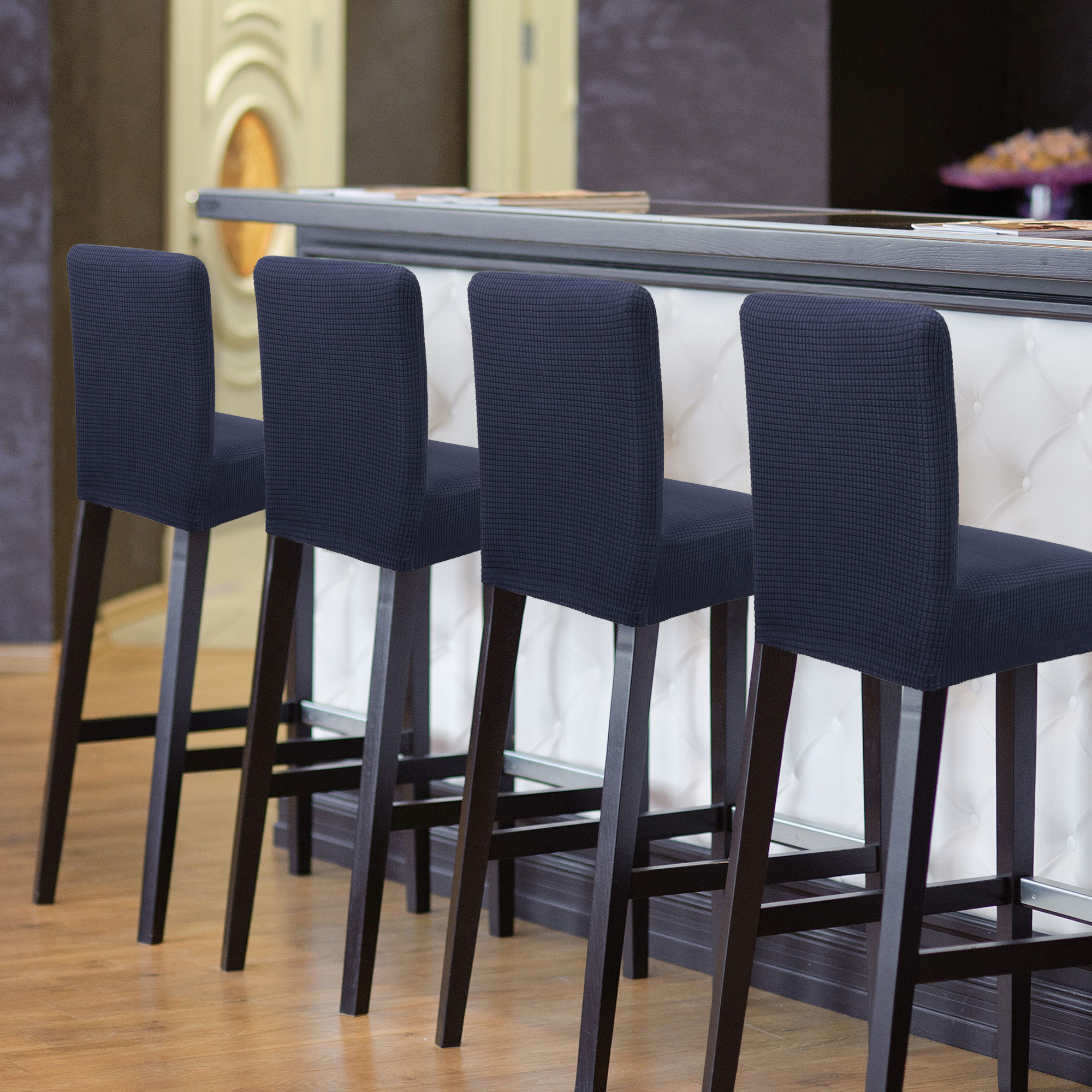 Unique Bargains Polyester Stretch Bar Stool Covers Elastic Band Mid Back Chair Slipcover Navy 4 Pcs