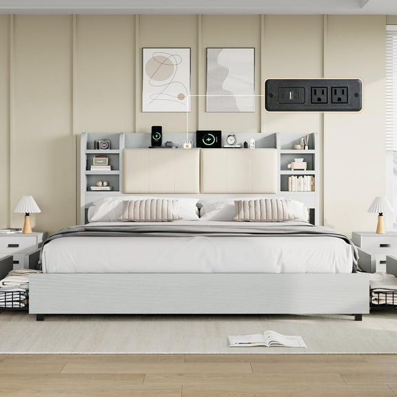Merluxy King Size Bed Frame with 4 Storage Drawers, Upholstered Bed Frame with 47.2" Bookcase Headboard, with Charging Station/Light Grey