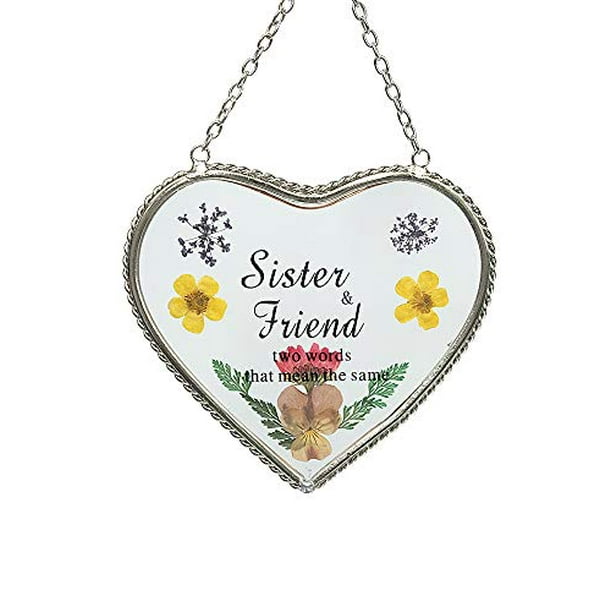 Stained Glass Sun Catcher for Windows Sister Heart Sister Suncatcher with Pressed Flower Wings