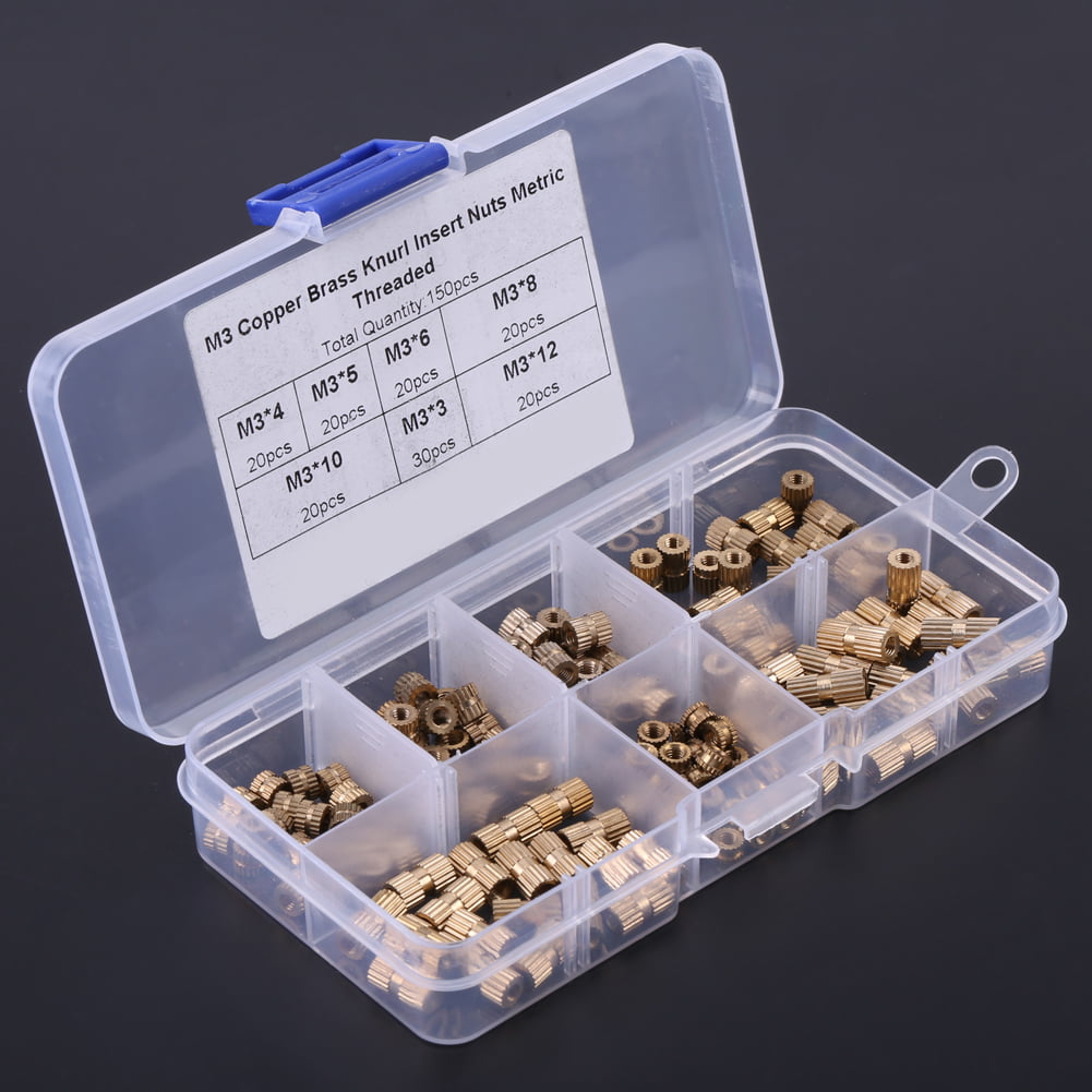 150pcs M3 Brass Knurl Insert Nuts Threaded Assortment Set Kit With Plastic Box 