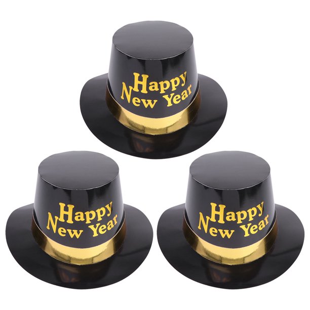3 piezas de decoraciones para fiesta de Nochevieja. Sombreros de copa negros y dorados, ligeros y portátiles, ideales para celebraciones y fiestas.