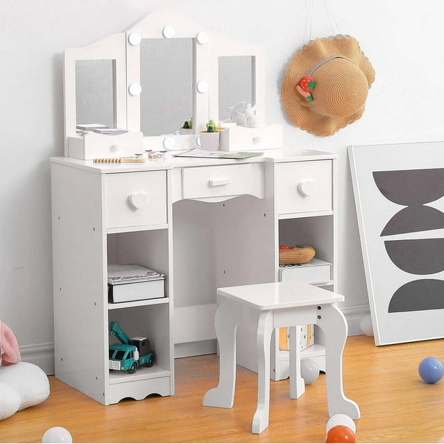 2-in-1 Girls Vanity Table with LED Lights & Stool, Wooden Princess Dressing Desk with Tri-Fold Mirror and Storage Drawer