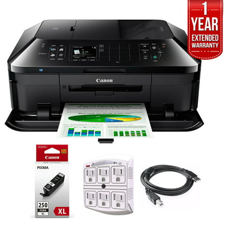 Canon PIXMA MX922 Wireless Inkjet Office All-In-One Printer + 1 Year Extended Warranty with Genuine Canon Ink Bundle Includes PGI-250 Pigment Black XL Ink Tank + Outlet Adapter + Printer