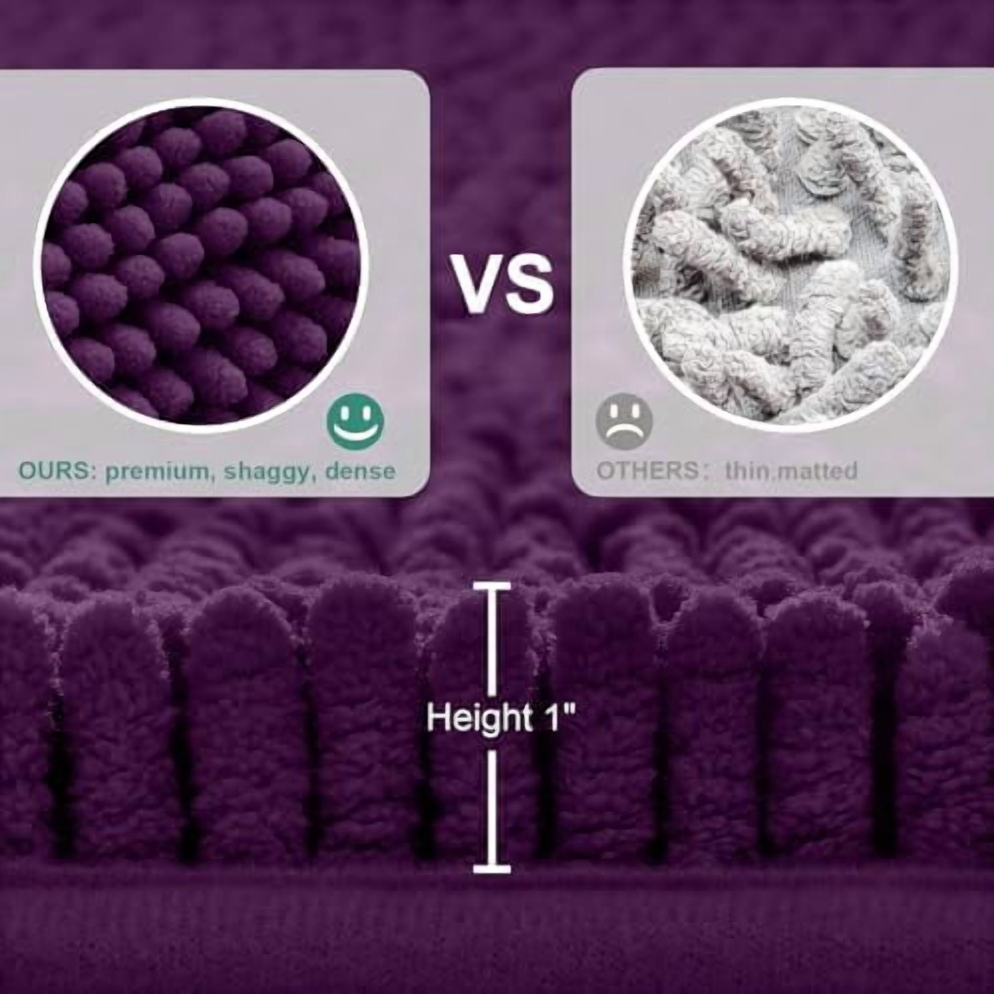 3 Pieces Dark Purple Bathroom Rugs Set, Ultra Soft Non Slip Bath Rug and Absorbent Chenille Bath Mat, Includes U-Shaped Contour Rug, Bath Mat and Toilet Lid Cover, Perfect for Bathroom Floor