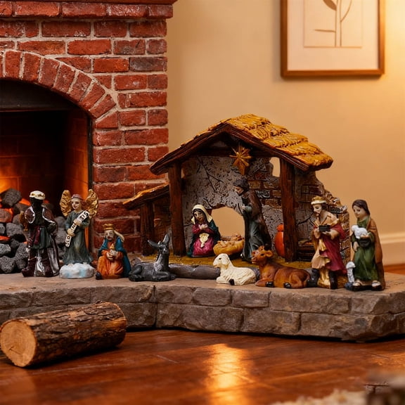 Resin Christmas Nativity Manger Set, Holy Family Scene Figurines, Religious Christmas Decor and Gift for Home Tabletop Display Christmas Holiday Decor