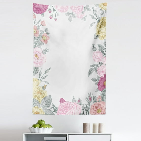Shabby Flora Tapestry, Garden of Wild Roses Framework Vintage Style Colorful Botanical Illustration, Fabric Wall Hanging Decor for Bedroom Living Room Dorm, 5 Sizes, Multicolor, by Ambesonne