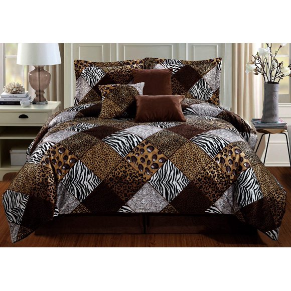 Grand Linen 7 Piece Queen Size Brown Black White Animal Print Safari Comforter Set. Leopard, Zebra, Cheetah Velvet Bedding with Accent Pillows and Bed Skirt