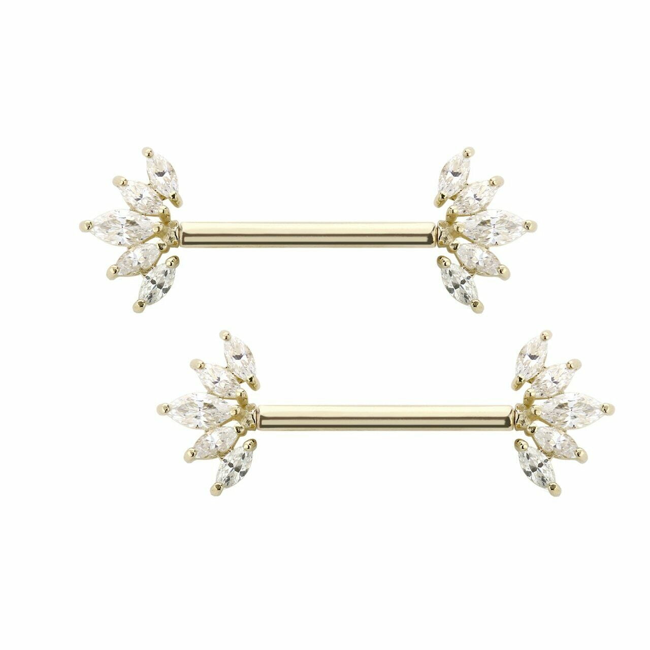 Nipple rings barbells 14 Karat Solid Gold Marquis settings AAA CZ stone