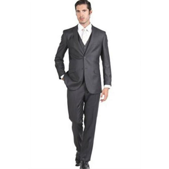 Men's Notch Collar 3 Piece Charcoal Single Breasted Slim Fit Vested Double Vent Suit