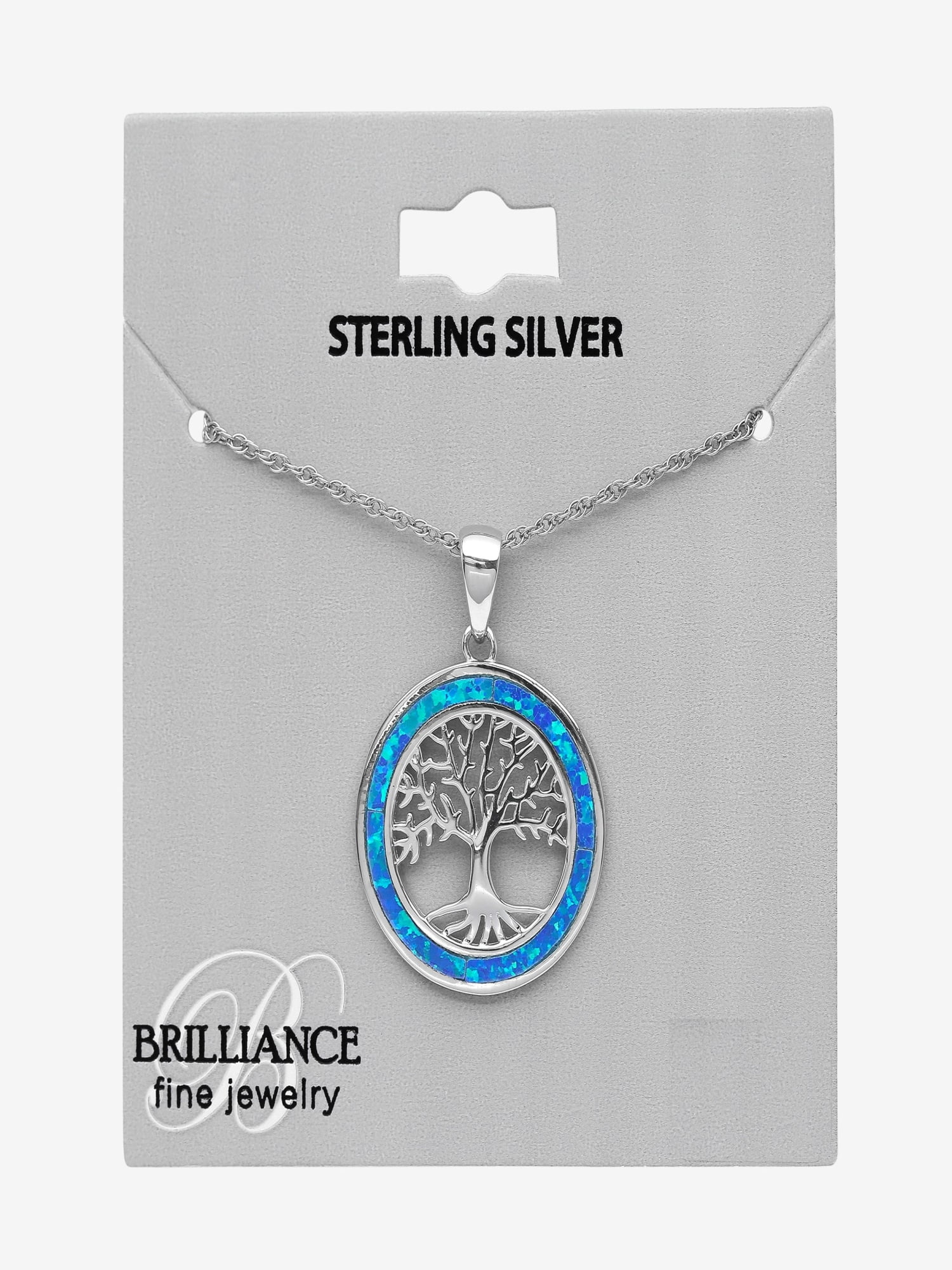 Brilliance Fine Jewelry Created Blue Opal and Simulated Diamond Family Tree Pendant in Sterling Silver