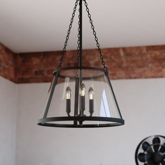 Rochester 3-Light 16.25 in. Wide Matte Black Industrial Cone Pendant with Clear Glass Shade, Adjustable Height, Hanging Ceiling Chandelier Fixture for Dining Table Entryway Bedroom Island Foyer