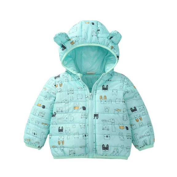 Kiijoy Winter Coat for Girls Cute Cat Print Bear Ears Hooded Puffer Jacket, Sizes 18-24M