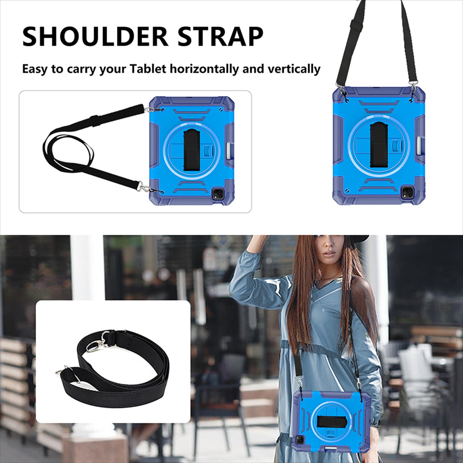 Shockproof Case for Apple iPad Pro 11 Inch 2024 M4, with Pencil Holder Military Grade Protection Rotating Stand Hand Strap Shoulder Strap Bumper Rugged Case for iPad Pro 11" 2024, Blue