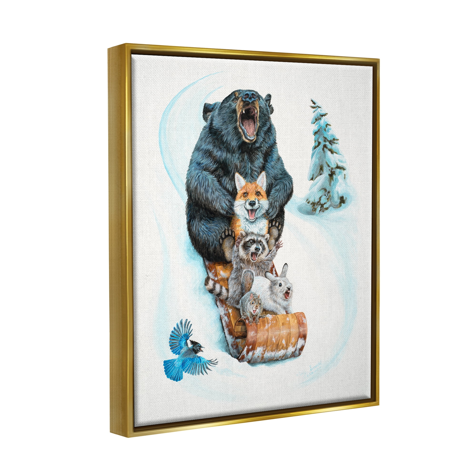 Stupell Industries Sledding Wildlife Snow Scene Animals & Insects Painting Gold Floater Framed Art Print Wall Art, 25 x 31
