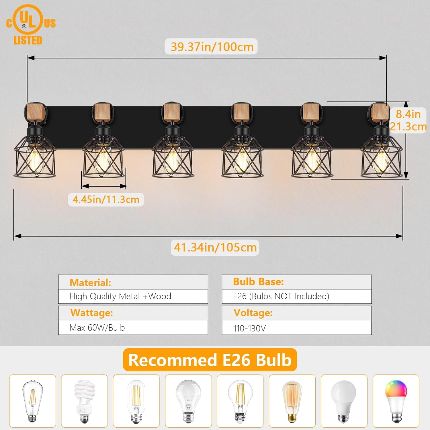 6-Light Farmhouse Bathroom Lighting Fixtures, Wood Black Vanity Lights Over Mirror, Rustic Wall Sconces Lighting with Metal Lampshade, Vintage Wall Lights for Bedroom, Living Room, Hallway