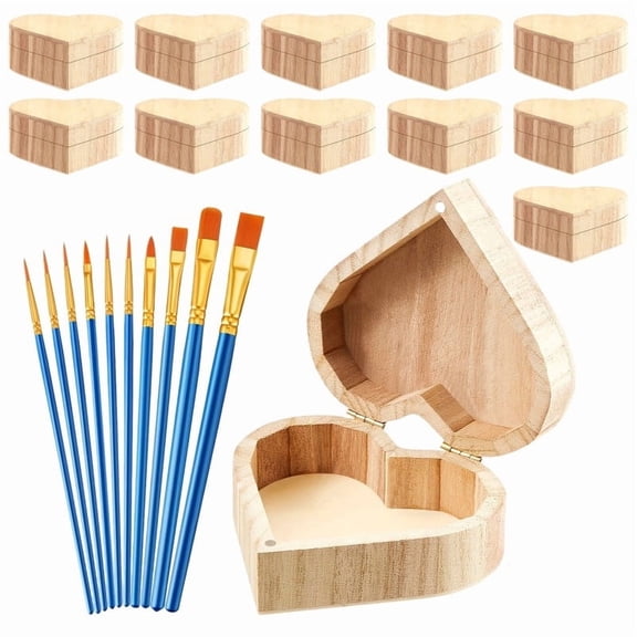 22 Pcs Unfinished Wood Heart Shaped Box Set, 12 Unpainted Wood Boxes with 10 Blue Art Brushe for Crafts, Unfinished Heart Box with Hinged Lid for DIY Wooden Crafts, Valentine's Day Supplies