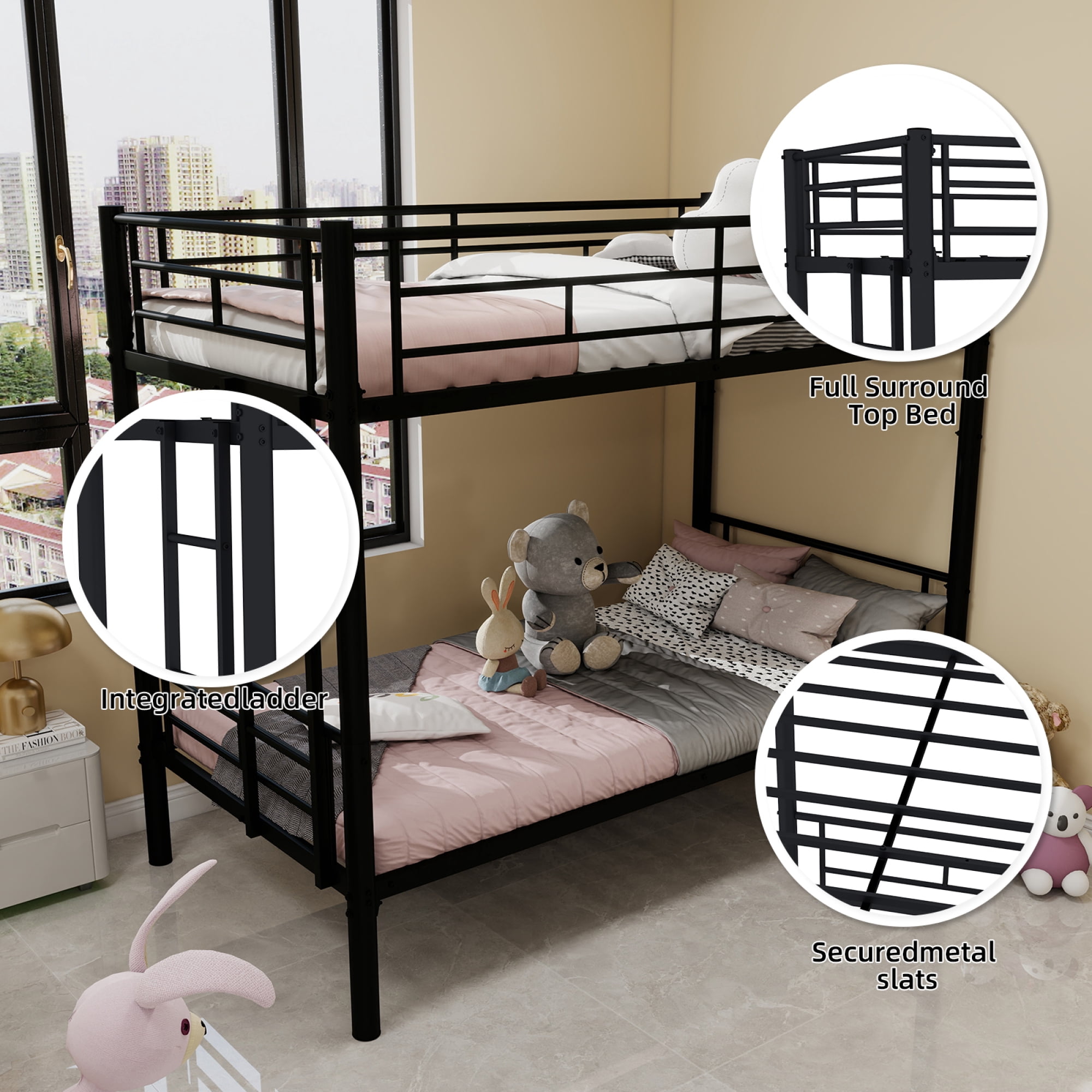 Leumius Twin Over Twin Bunk Bed for Kids Boys Girls, Metal Bunk Bed with Ladders & Guardrail,Convertible 2 Beds,Black