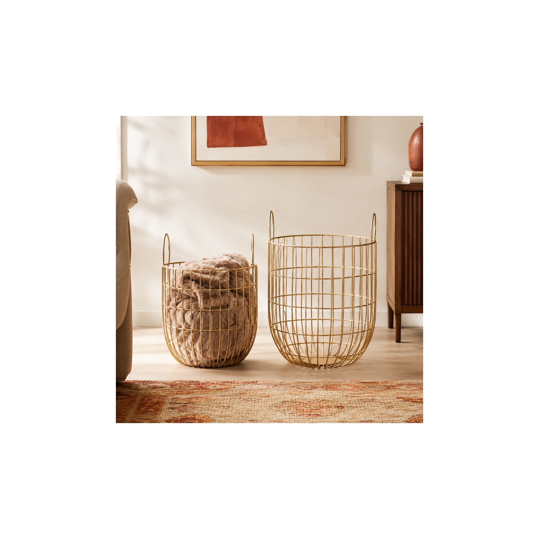 DecMode 13", 11"W Gold Metal Storage Basket with Arched Handles, 2-Pieces