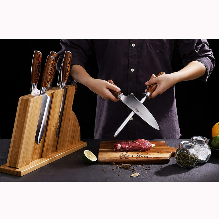 TUO Knife Set 8pcs, Japanese Kitchen Chef Knives Set with Wooden Block,  including Honing Steel and Shears, Forged German HC Steel with comfortable  Pakkawood Handle, Fiery Series Come with Gift Box 