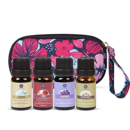 Lagunamoon Essential Oil Set For Massage And Relaxation, Premium Therapeutic Aromatherapy 4 Pcs Oil Kit with Carry Bag Floral Blend Lavender Chamomile Jasmine Rose 10ml For Personal