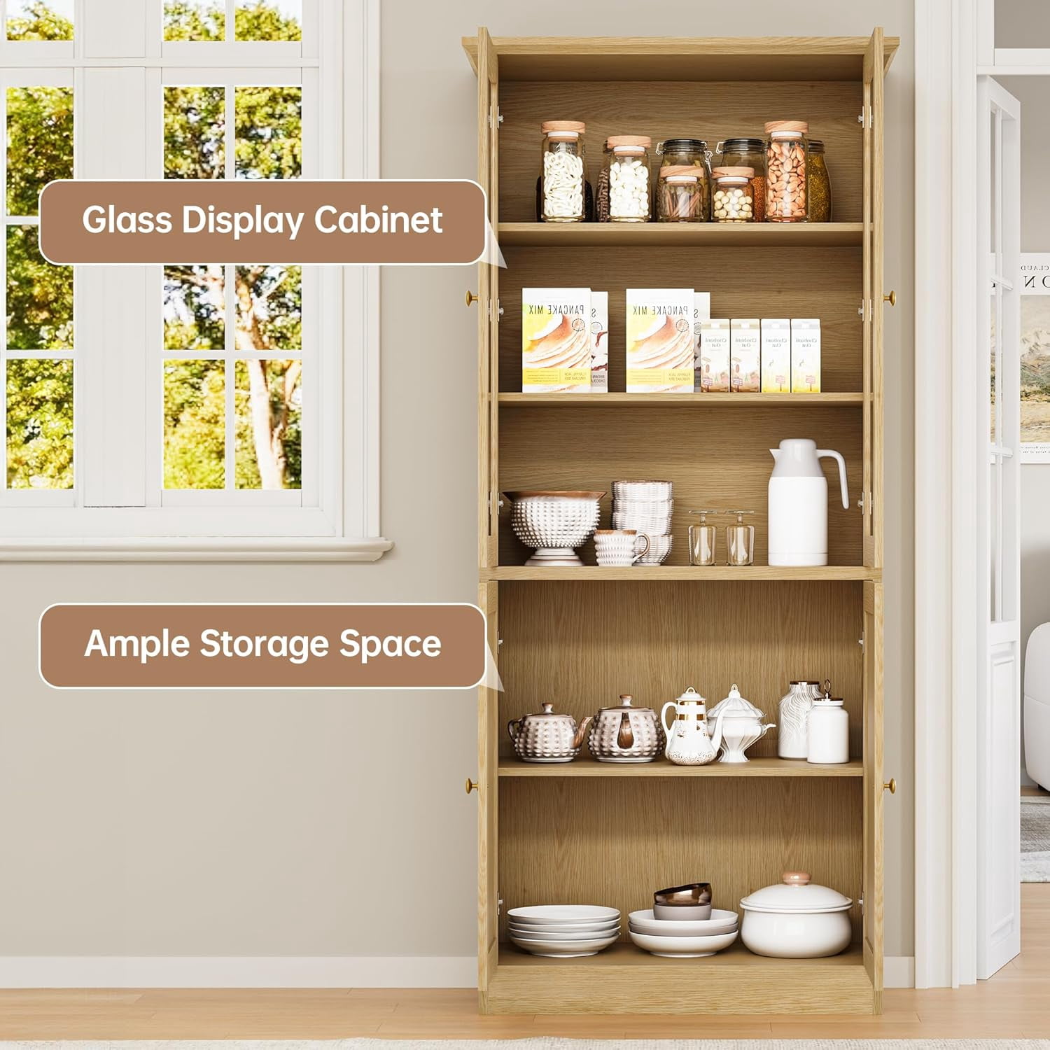 SELOOYE Kitchen Pantry Cabinet, 71" Modern Glass Display Cabinet with Wood Doors, Tall Storage Cabinet with Adjustable Shelves, Freestanding Cupboard for Living Room, Dining Room, Kitchen, Natural