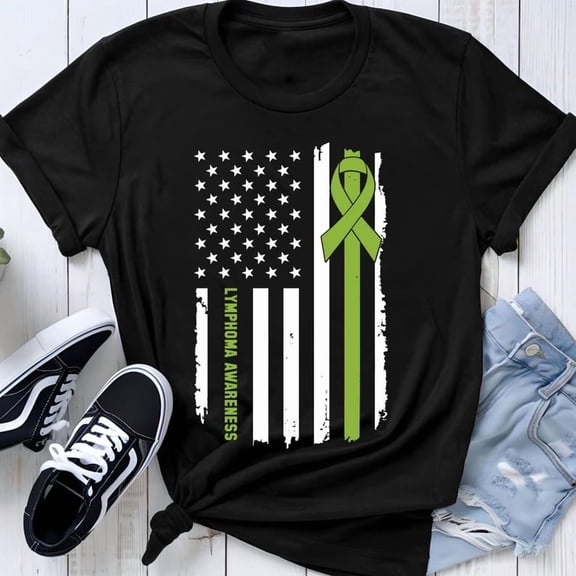 TOKAIPlus Lymphoma Cancer Team Shirt, Lime Green Ribbon US Flag Tee, Support Squad, Survivor Gift, Matching Family Shirts, Lymphoma Cancer Awareness