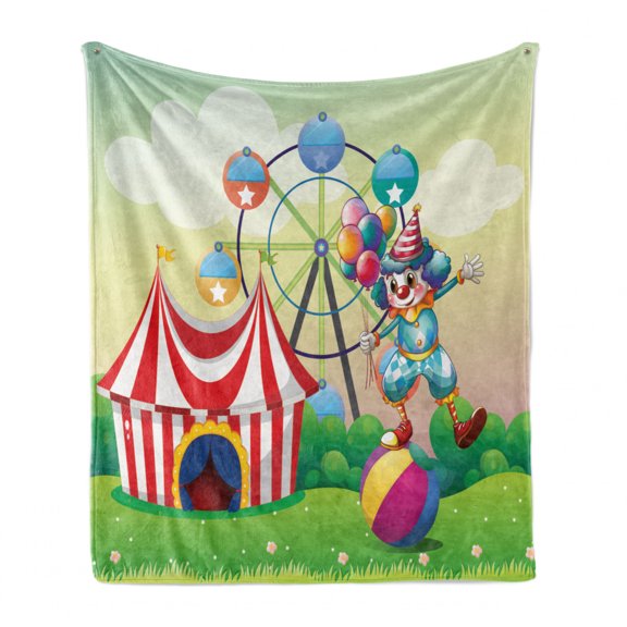 Circus Soft Flannel Fleece Throw Blanket, Illustration of a Clown Balancing Above an Inflatable Ball at the Carnival Print, Cozy Plush for Indoor and Outdoor Use, 60" x 80", Multicolor, by Ambesonne