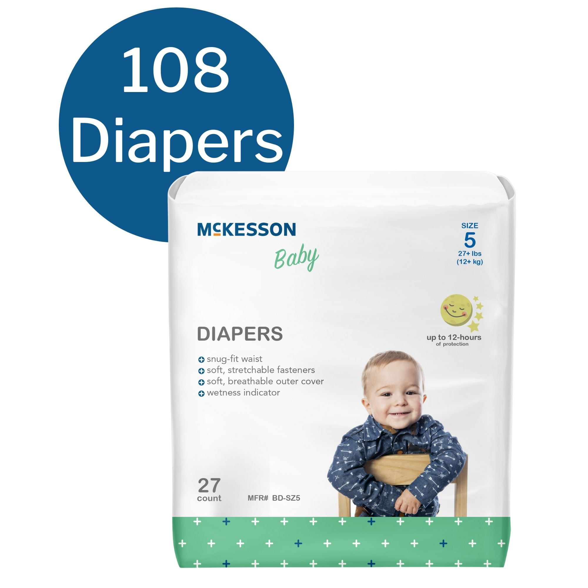 McKesson Baby Diapers - Flexible Fit, Wetness indicator, 12-Hour Protection - Size 5 (Over 27 lbs.), 27 Count, 4 Packs, 108 Total