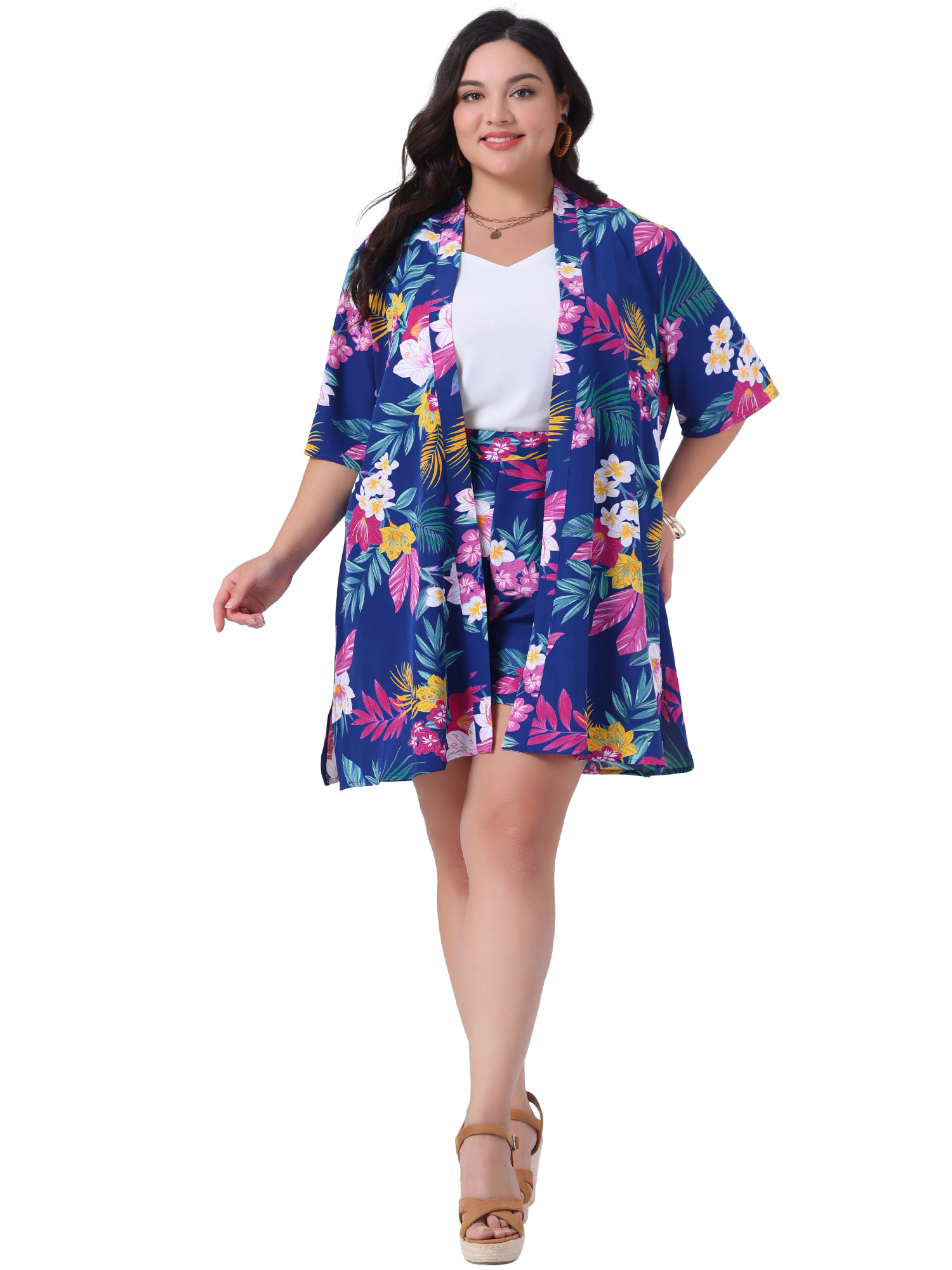DARING DIVA Women's Plus 2 Pcs Tropical Kimono Floral Tops and Shorts Set Dark Blue 3X
