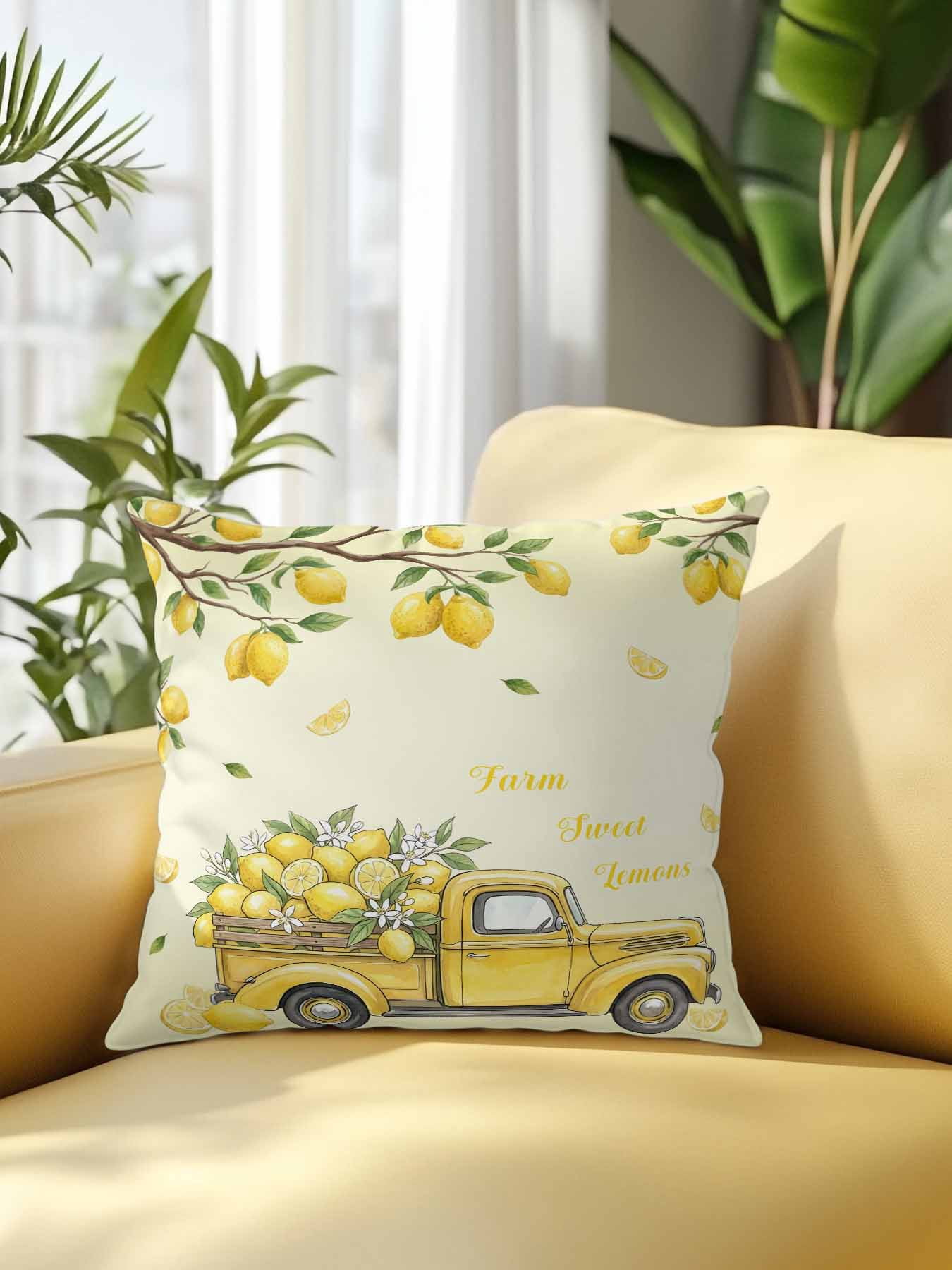 1 Pack Outdoor Pillows Waterproof, Lemon Truck Indoor/Outdoor Throw Pillows with Inserts, Summer Tropical Lemon Fruits Yellow Decorative Pillow for Patio Furniture Chairs Couch