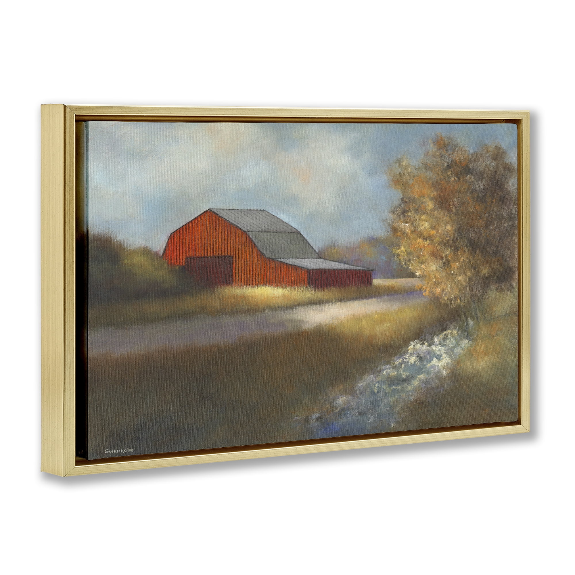 Stupell Industries Traditional Red Barn Landscape Painting Gold Floater Framed Canvas Art Print Wall Art, 25 x 17