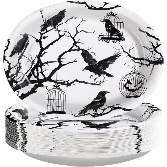 50PCS Gothic Party Supplies Halloween Oval Paper Plates 10x12 Inch Disposable Heavy Duty Crow Party Plates with Tree and Birdcage Design Spooky Tableware for Haunted House Decorations