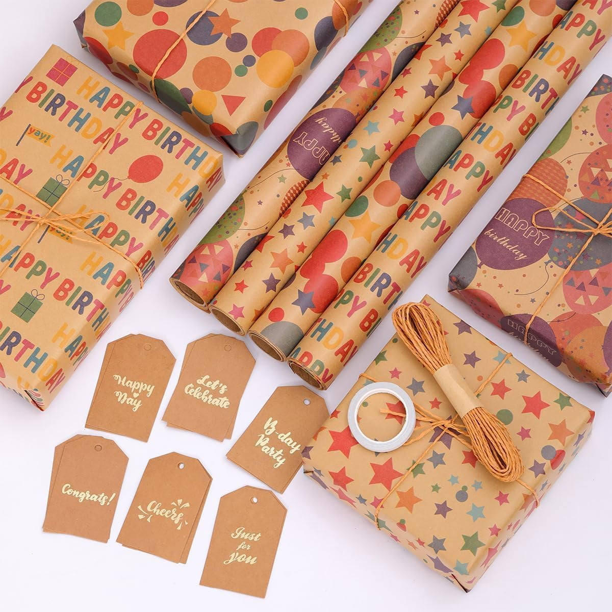 Birthday Kraft Wrapping Paper Vintage Style Paper Perfect for Men Women Brown Kraft Paper with Colorful Text Pattern for Birthday Holiday Wrap - 4 Rolls 17 inch X 120 inch (10feet) Per Roll