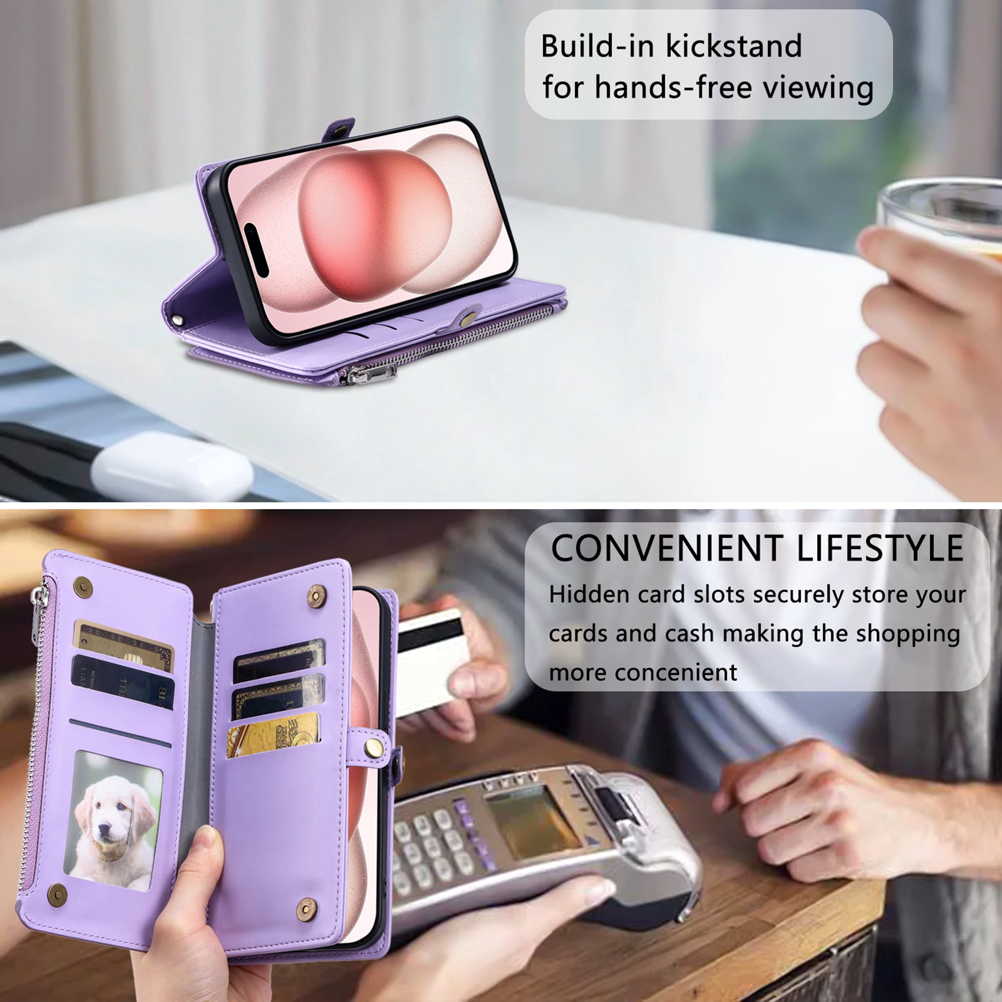 Dteck for Samsung Galaxy A25 5G Wallet Case, Crossbody Zipper Purse with Wrist for Women Men, 8-Card Slots Holder PU Leather Kickstand Flip Cover Phone Case,Purple