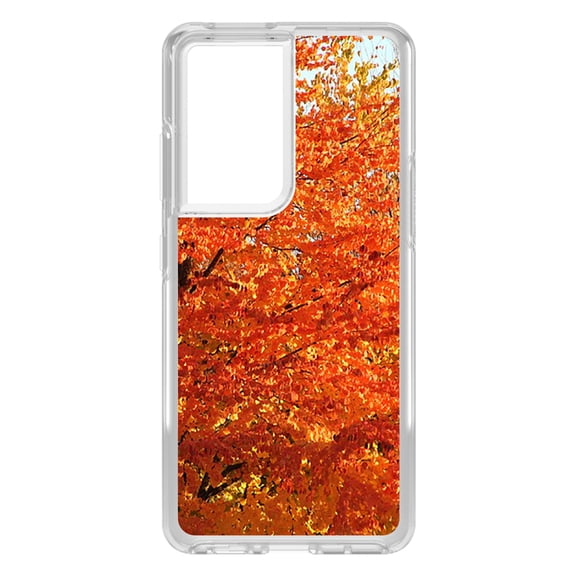DistinctInk Clear Shockproof Hybrid Case for Galaxy S21 ULTRA 5G (6.8" Screen) - TPU Bumper, Acrylic Back, Tempered Glass Screen Protector - Orange Autumn Leaves