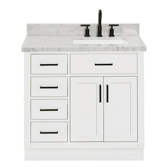 Ariel Hepburn 37 In. Right Offset Rectangle Sink Vanity With 1.5 In. Carrara White Countertop In White