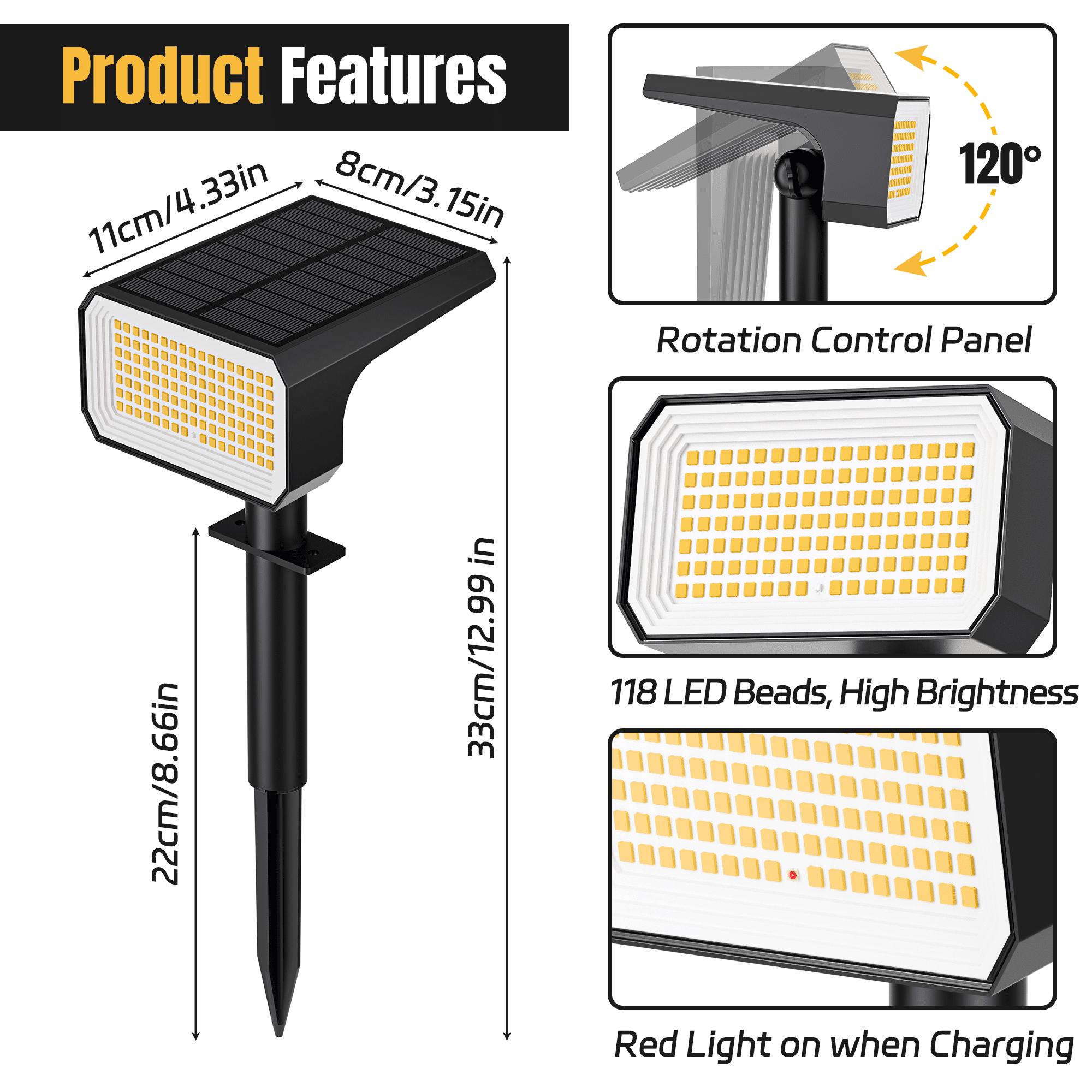 Flaow Solar Lights Outdoor, 10 pack,118 LED Solar Spotlights with 4 Modes, IP65 Waterproof Auto On/Off for Garden, Yard, Pathway, Lawn-Warml White