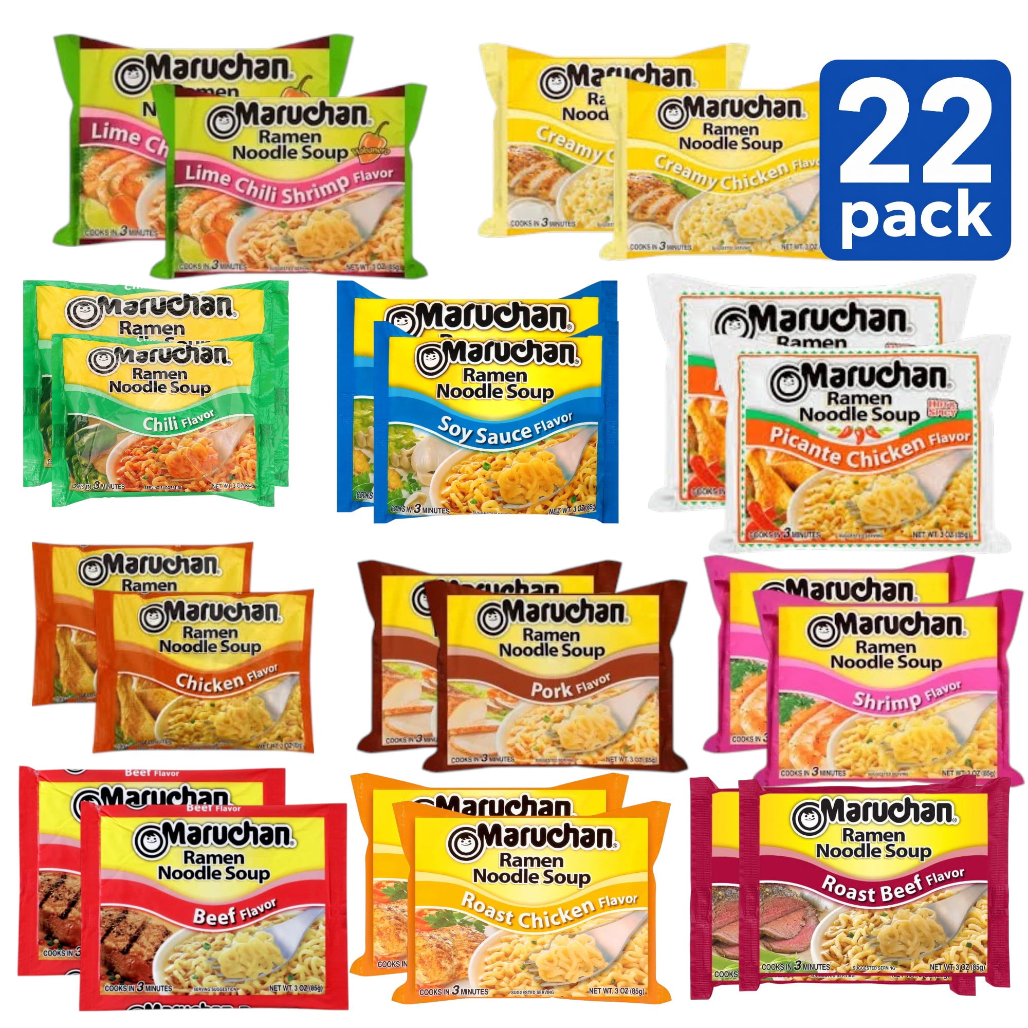 Maruchan Ramen Noodle Soup Variety Pack, 22 Pack (3 oz Each), Instant Ramen Noodles, Assorted Flavors