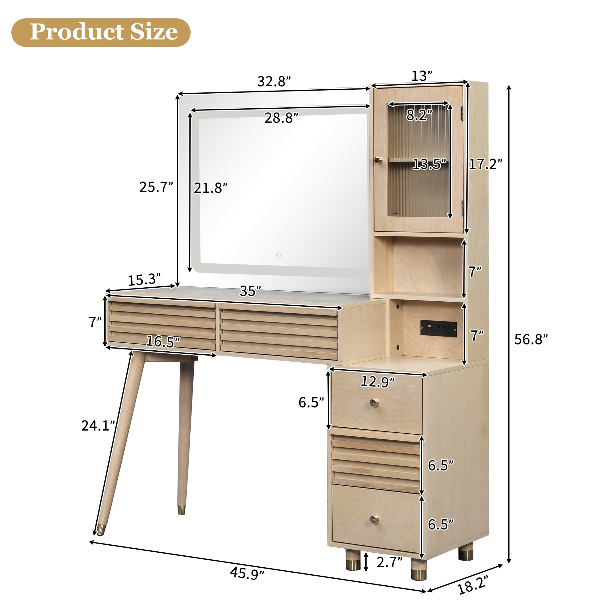GARITIN Makeup Vanity Desk 45.9 Inch, Dressing Table with Mirror and LED Lights, 5 Drawers and Fluted Glass Storage Cabinet with Power Outlet, Natural