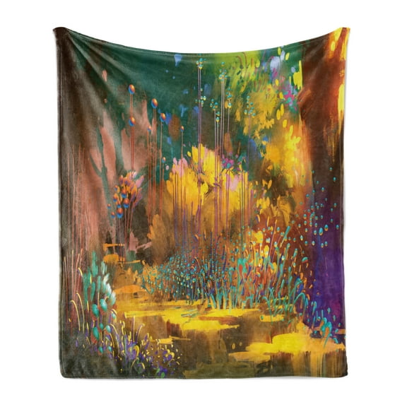 Forest Soft Flannel Fleece Blanket, Fantasy Forest Pathway Hypnotic Style Jungle Plants with Vibrant Colored Bushlands, Cozy Plush for Indoor and Outdoor Use, 60" x 80", Multicolor, by Ambesonne