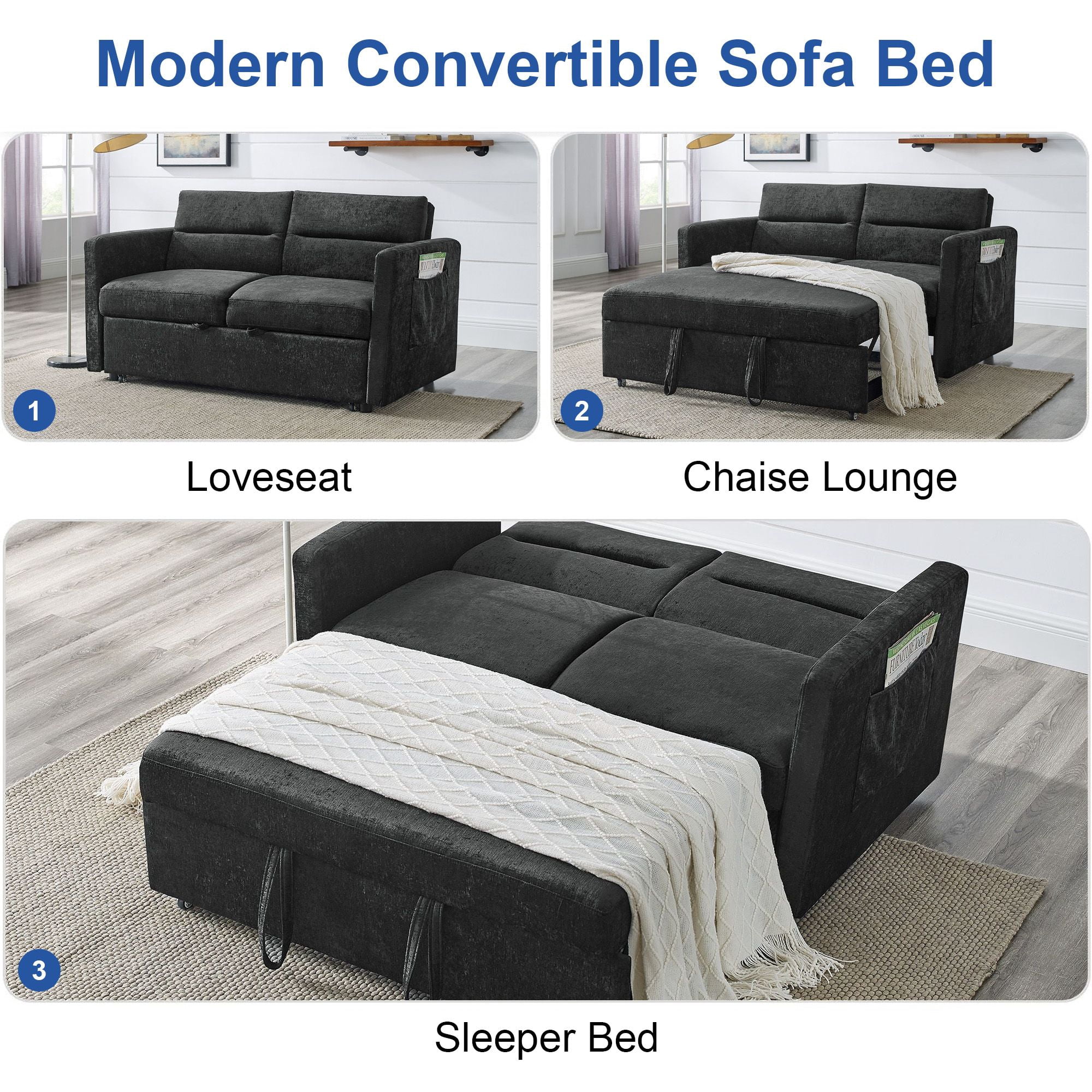 DEALTOPS Convertible Pull Out Sofa Bed, Adjustable Loveseat Sleeper with Side Pockets, Black