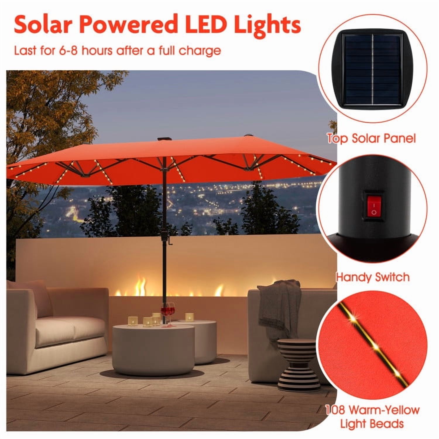GVN Outdoor Patio Umbrella,Patio Umbrella,13 FT Large Patio Umbrella with LED Solar Lights and Crank Handle-Orange