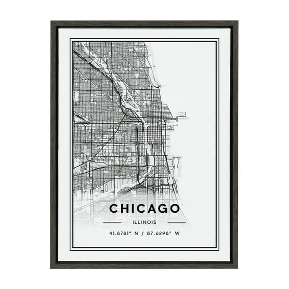 Kate and Laurel Sylvie Chicago Modern Map Framed Canvas Wall Art by Jake Goossen, 18x24 Gray, Decorative Map Art for Wall