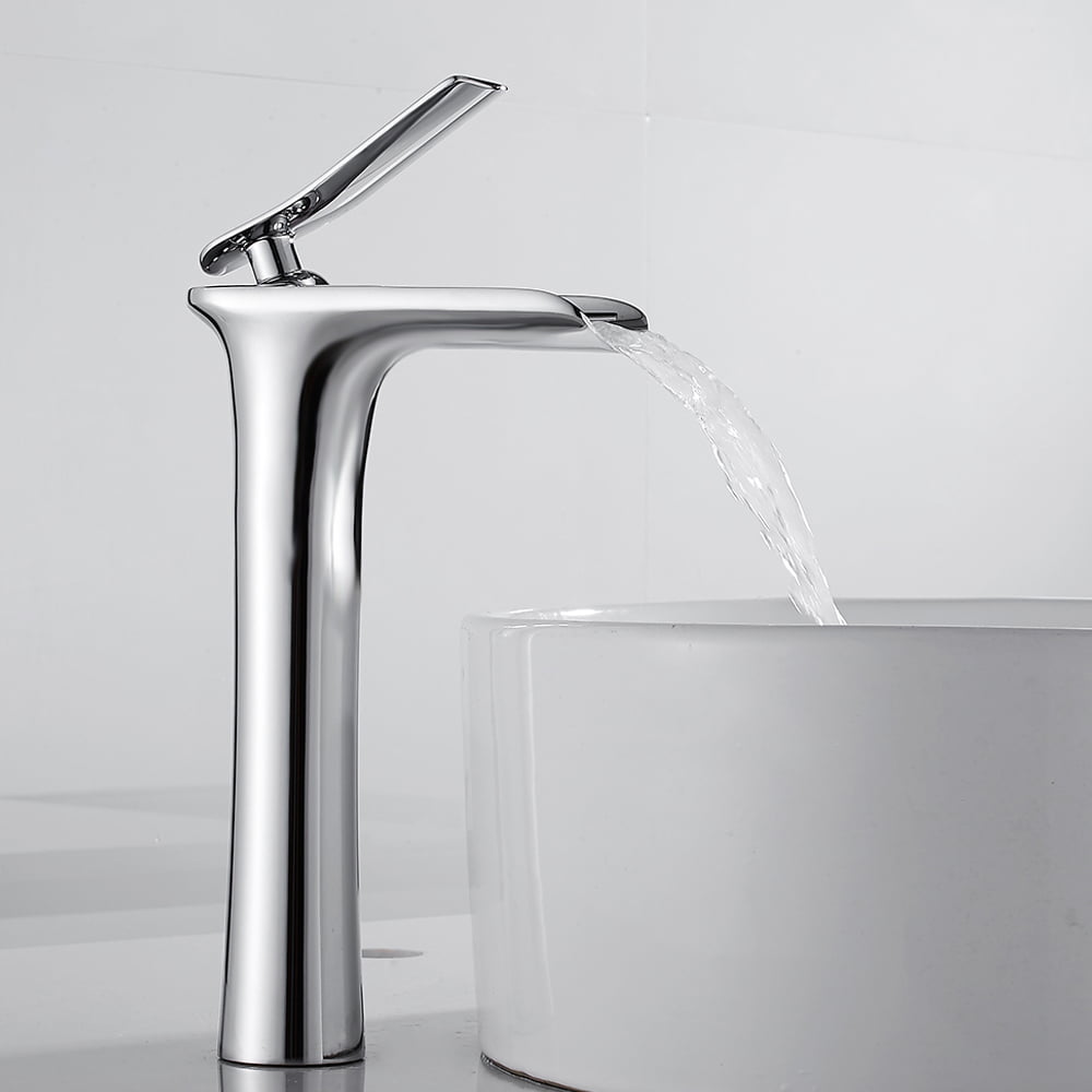 LanGuShi SLT0213 Faucet Kitchen Tap Chrome & White Tall Waterfall Basin Faucet Bathroom Faucet Bathroom Basin Mixer Tap with Hot and Cold Water Taps 
