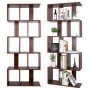 Amzdeal Wood Geometric Bookshelf, 5-Tier Modern Bookcase, Free Standing Display Rack for Home Office, Walnut Brown Finish