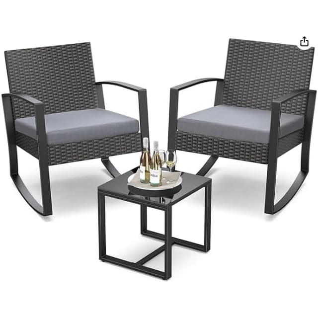 Juego de 3 muebles de porche, mecedora de patio, conjunto de bistró, sillas de ratán para exterior, conjunto de conversación con mesa de centro para porche, jardín, balcón, patio trasero y piscina