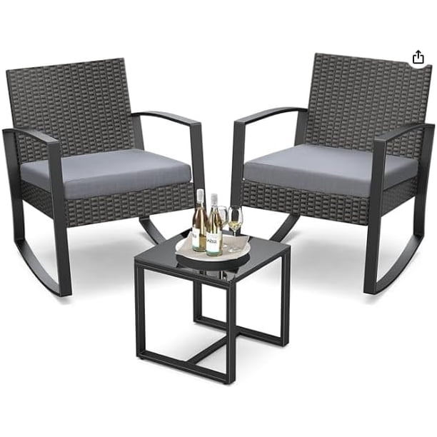 Juego de 3 muebles de porche, mecedora de patio, conjunto de bistró, sillas de ratán para exterior, conjunto de conversación con mesa de centro para porche, jardín, balcón, patio trasero y piscina