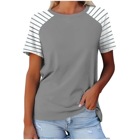 ZUKMRJPC Womens Tops Summer Short Sleeve Crewneck Casual Soft T-Shirts Fashion Lightweight Patchwork Striped Tee Shirts